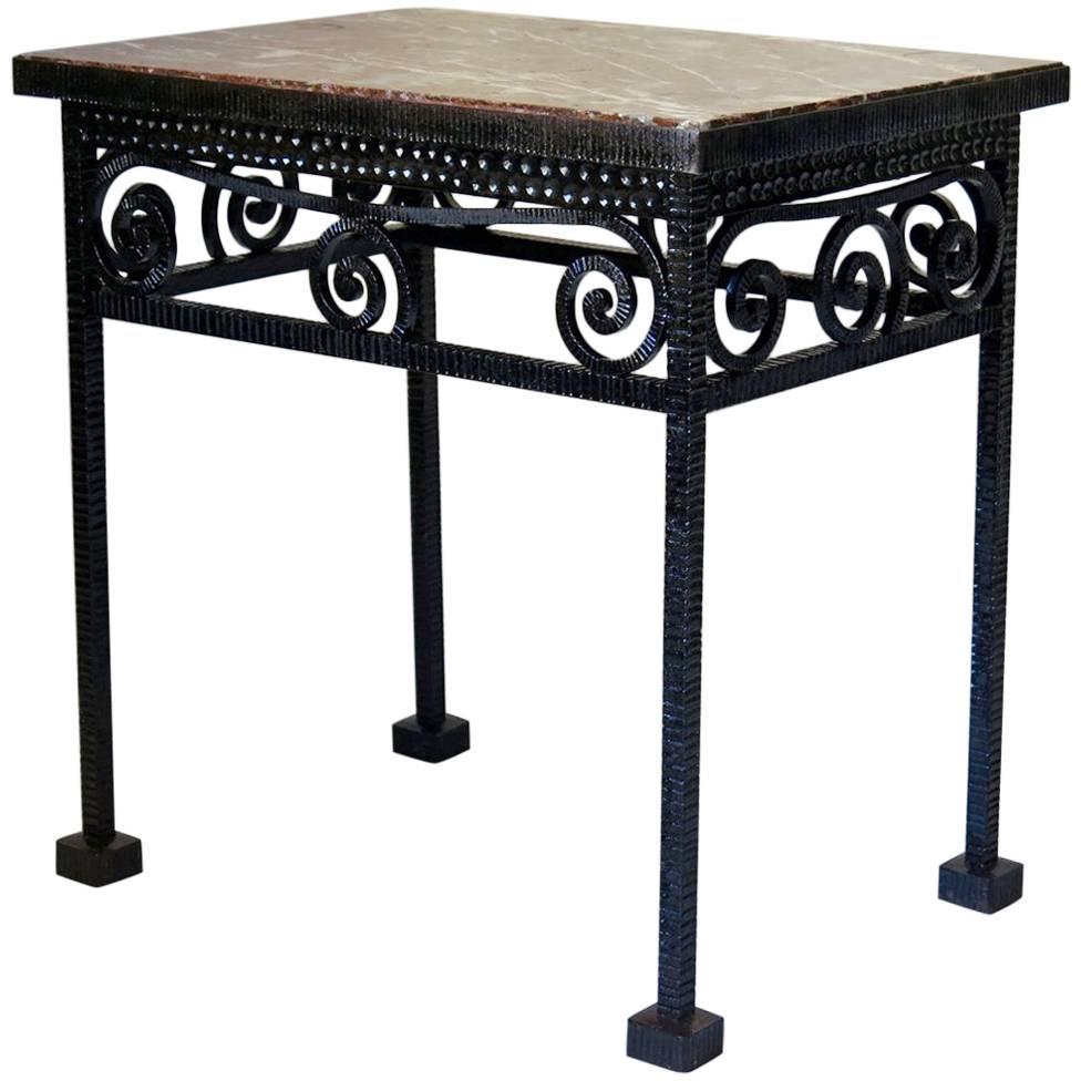 Hammered Iron and Marble French Art Deco Table For Sale