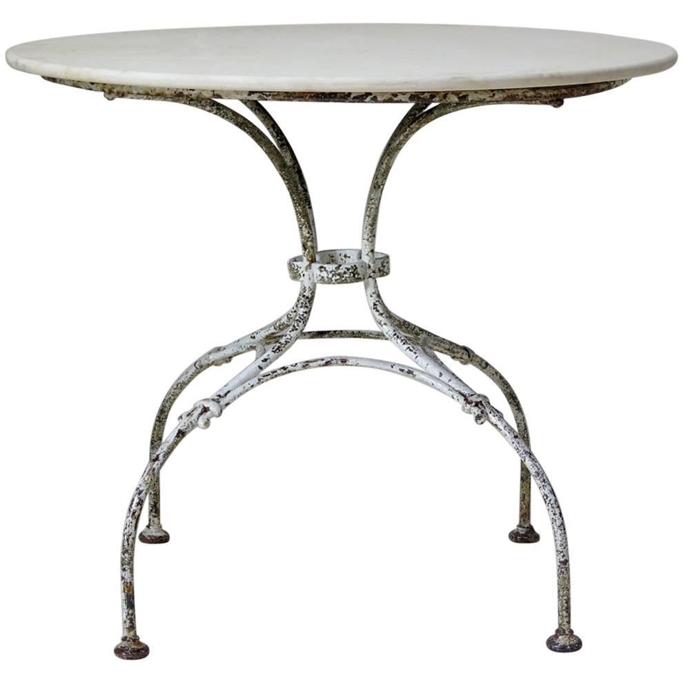 Round Wrought Iron and Marble Garden Table, France, Early 1900s