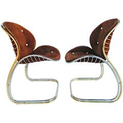 Rare Pair of Gold and Chrome Leather Gastone Rinaldi Chairs, circa 1970