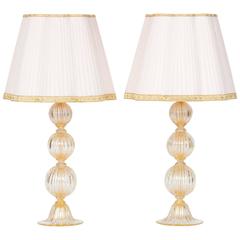 Pair of Italian Table Lamps in Murano Glass 24-Karat Gold, 1980s