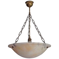 Large & Beautiful Shape Antique Alabaster Pendant Light w. Brass Chains & Canopy