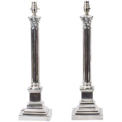 Pair of Silver Plated Corinthian Column Table Lamps