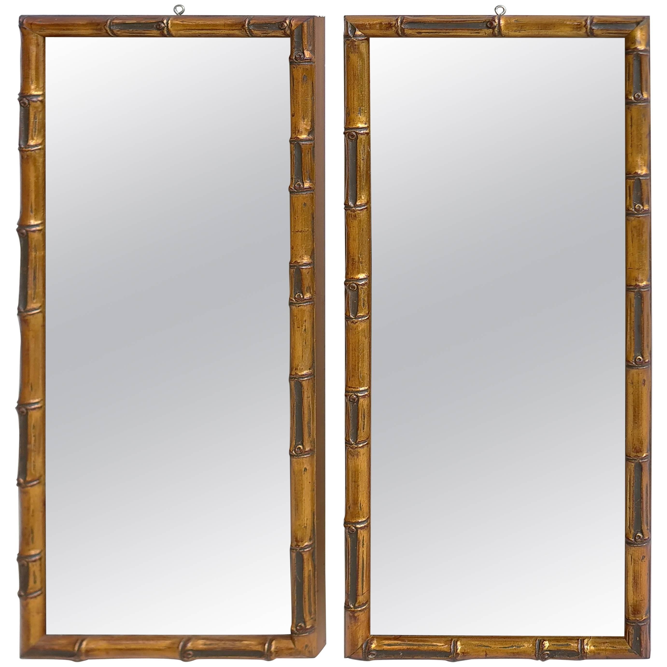 Pair of Wooden Faux Bamboo Wall Mirrors in Gold Color, France 1950's