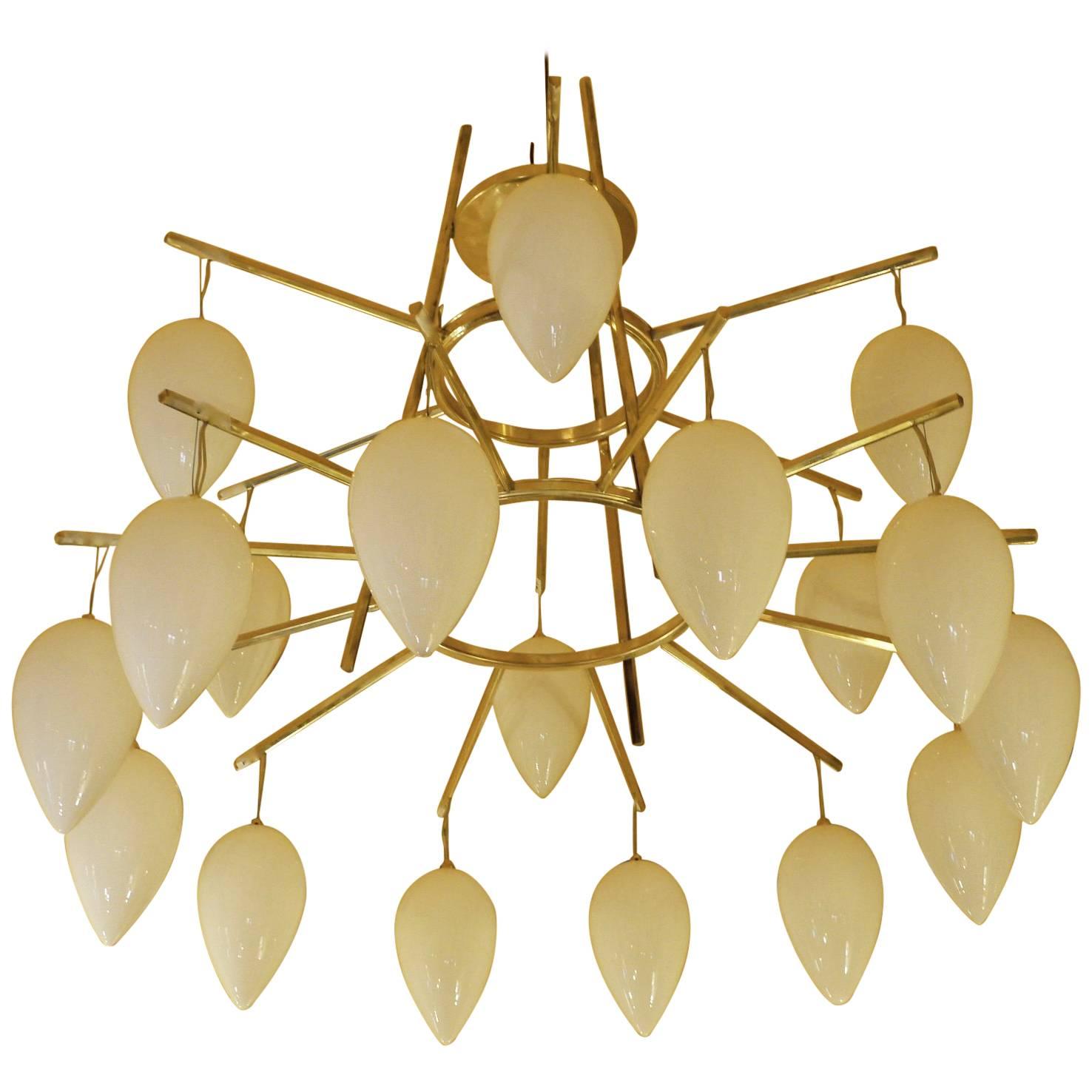 Late 20th Century Brass & White Opaline Glass Pagoda Chandelier