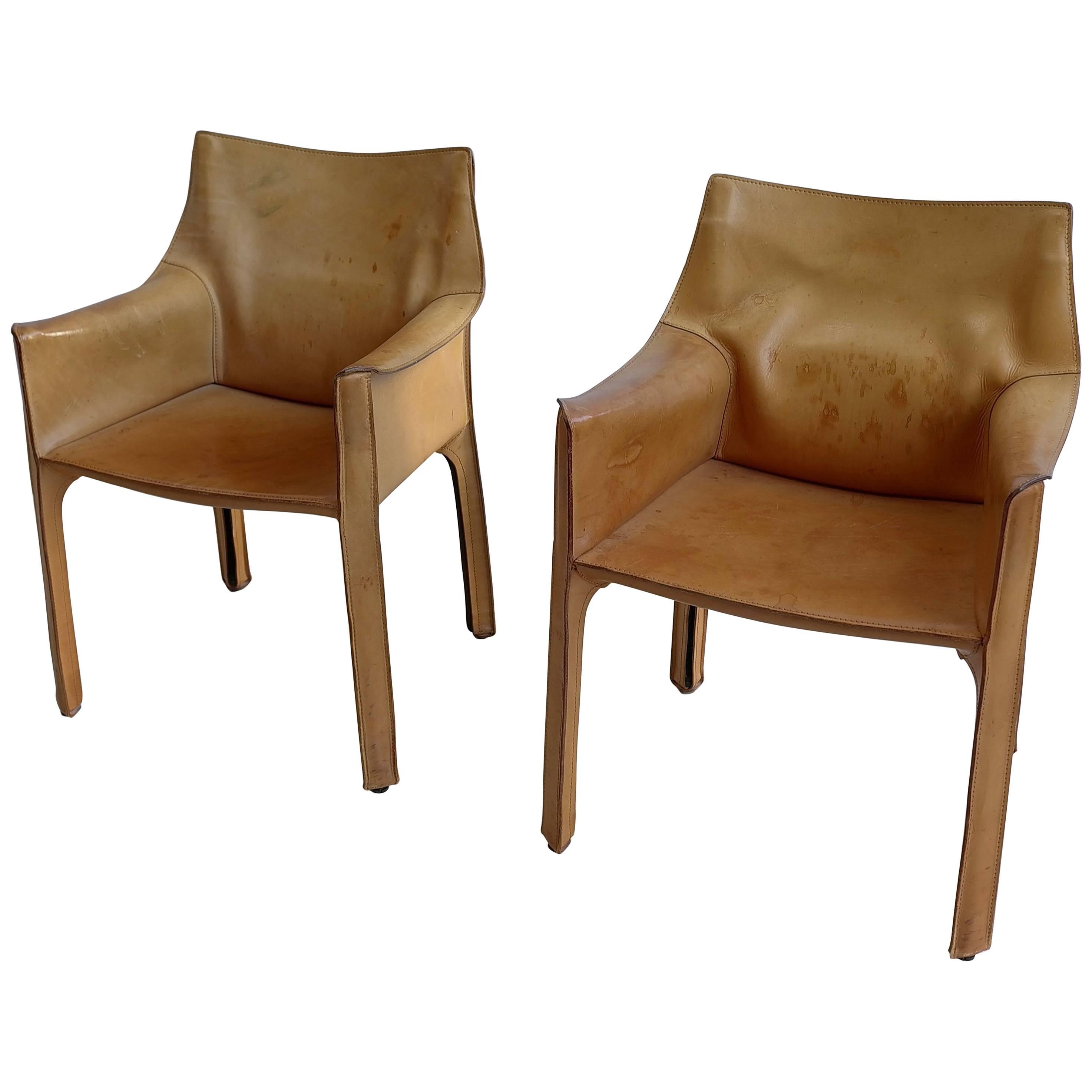 Pair of Mario Bellini Cab Chairs in Natural Leather by Cassina Italy