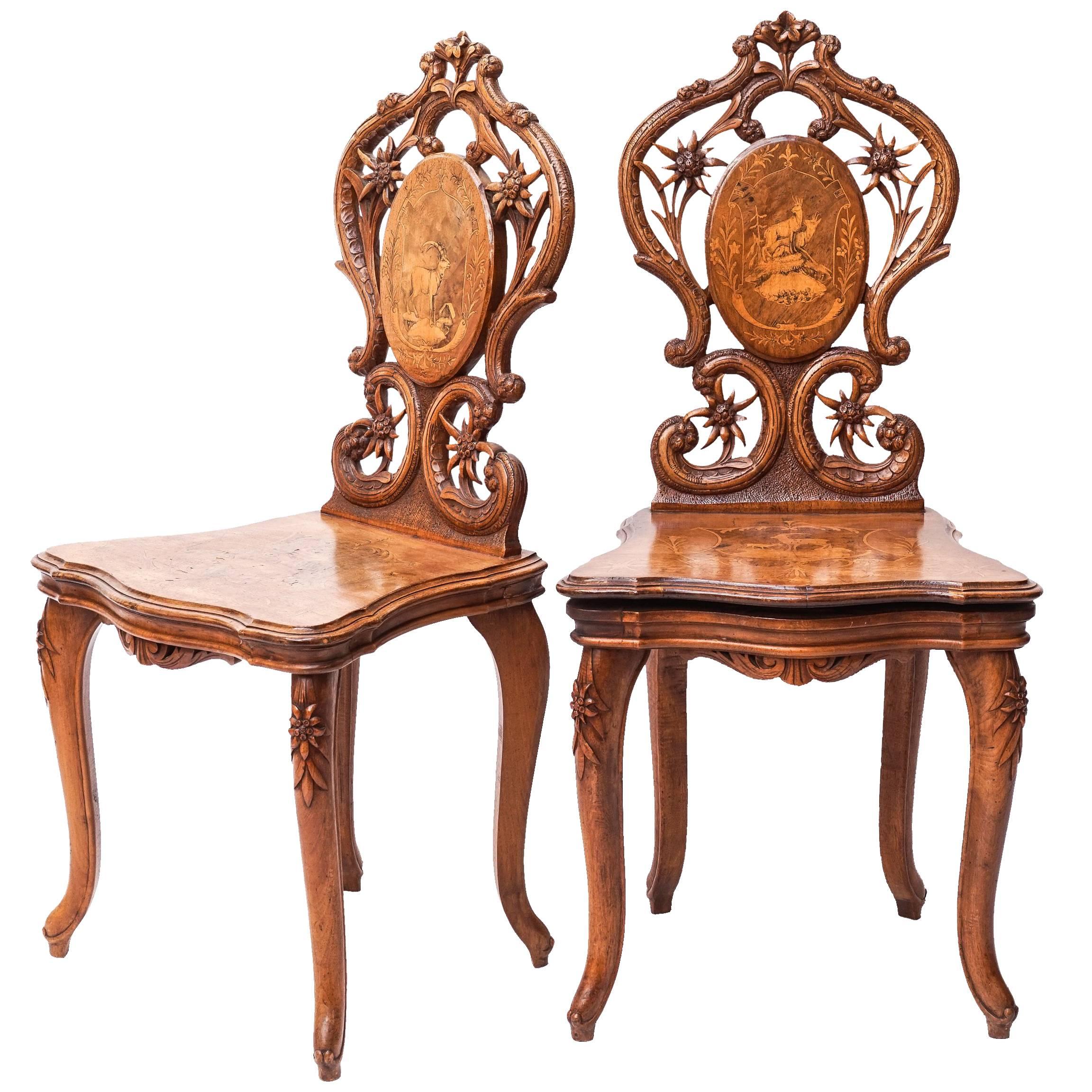 Set of Swiss Brienz Carved and Marquetry Walnut Sgabello Chairs, 1900