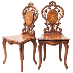 Vintage Set of Swiss Brienz Carved and Marquetry Walnut Sgabello Chairs, 1900