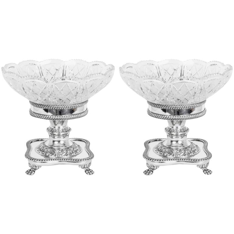 Pair of English Silver Plate and CutGlass Compotes For Sale at 1stdibs