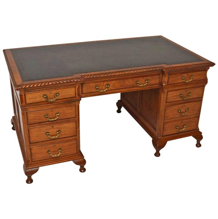 Large Antique Mahogany Leather Top Pedestal Desk at 1stDibs