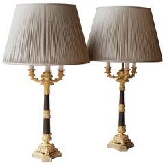 Pair of Fine Quality Three-Arm Louis Philippe Candelabra Converted to Lamps