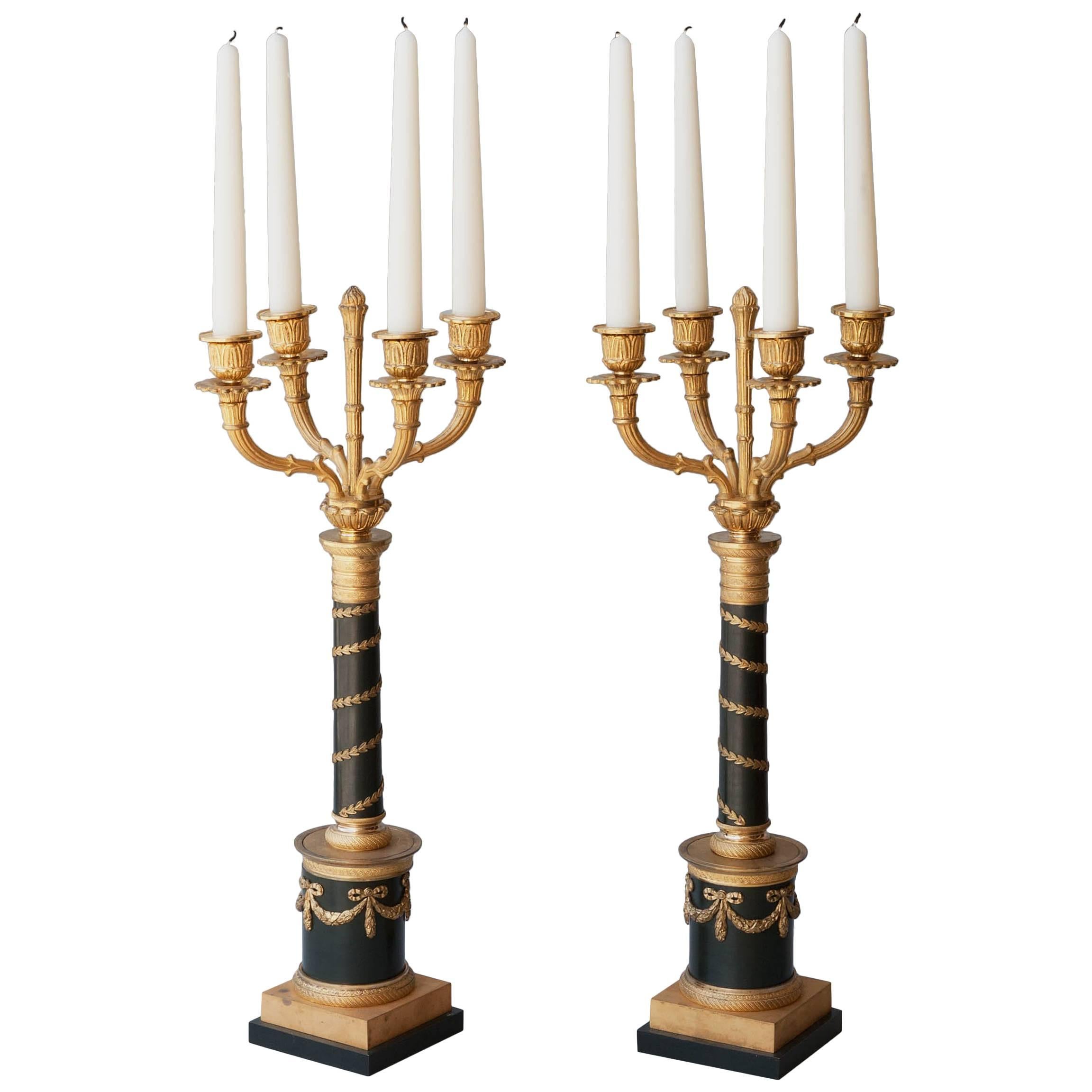 Pair of Louis Philippe Gilt and Patinated Bronze Four-Arm Candelabra For Sale