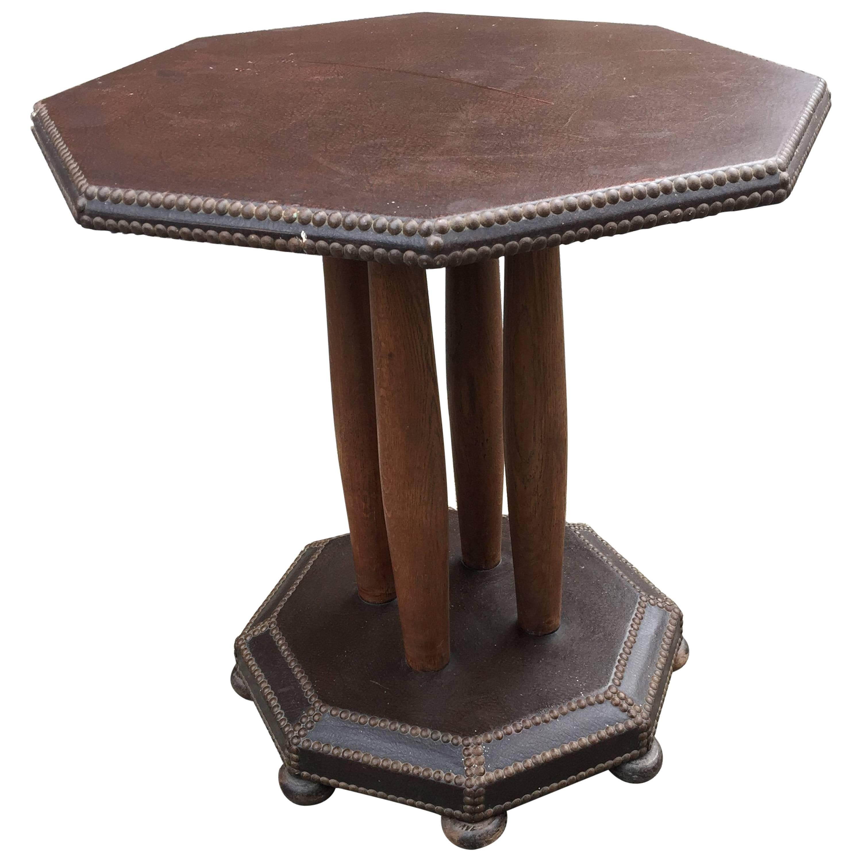 Art Deco Oak and Leather Gueridon, circa 1930 For Sale