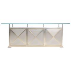 Brass and steel Maison Jansen Credenza with clear Glass Top