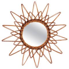 Spanish 1960s Handcrafted Rattan Starburst or Sunburst Wall Mirror