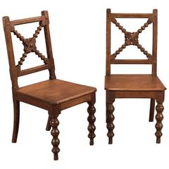Late Victorian Pair of Oak Antique Hall Chairs
