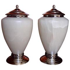 Huge Pair of Alabaster and Silver Plated Table Lamps Maison Pomone 6