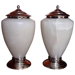 Huge Pair of Alabaster and Silver Plated Table Lamps Maison Pomone