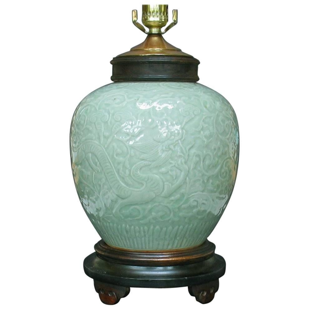 Carved Celadon Glazed "Dragon Jar" Lamp China, Late 19th Century