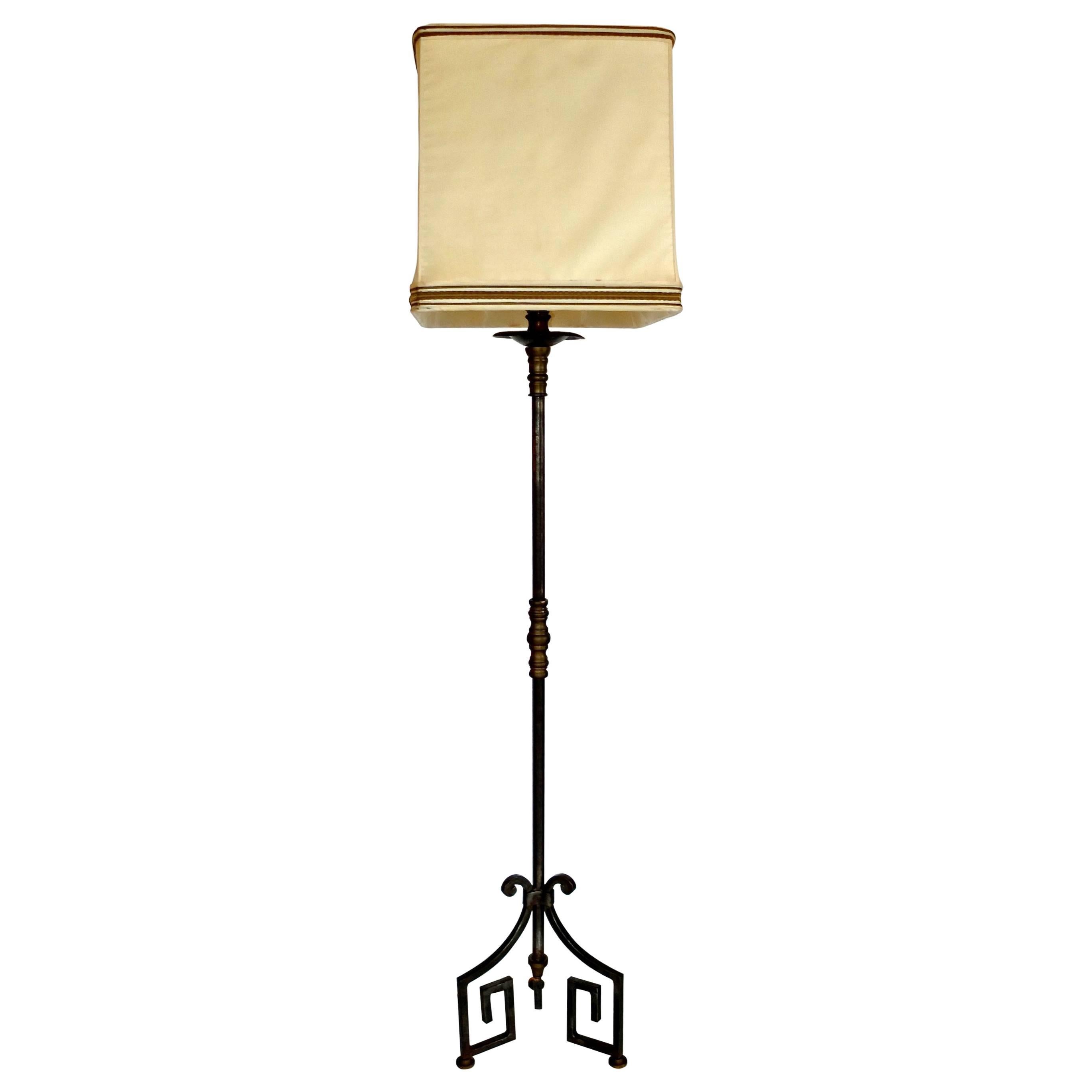 French Floor Lamp Fer Forge with Greek Key Tripod Base and Bronze Embellishments
