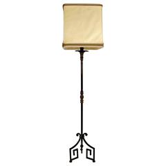 French Floor Lamp Fer Forge with Greek Key Tripod Base and Bronze Embellishments