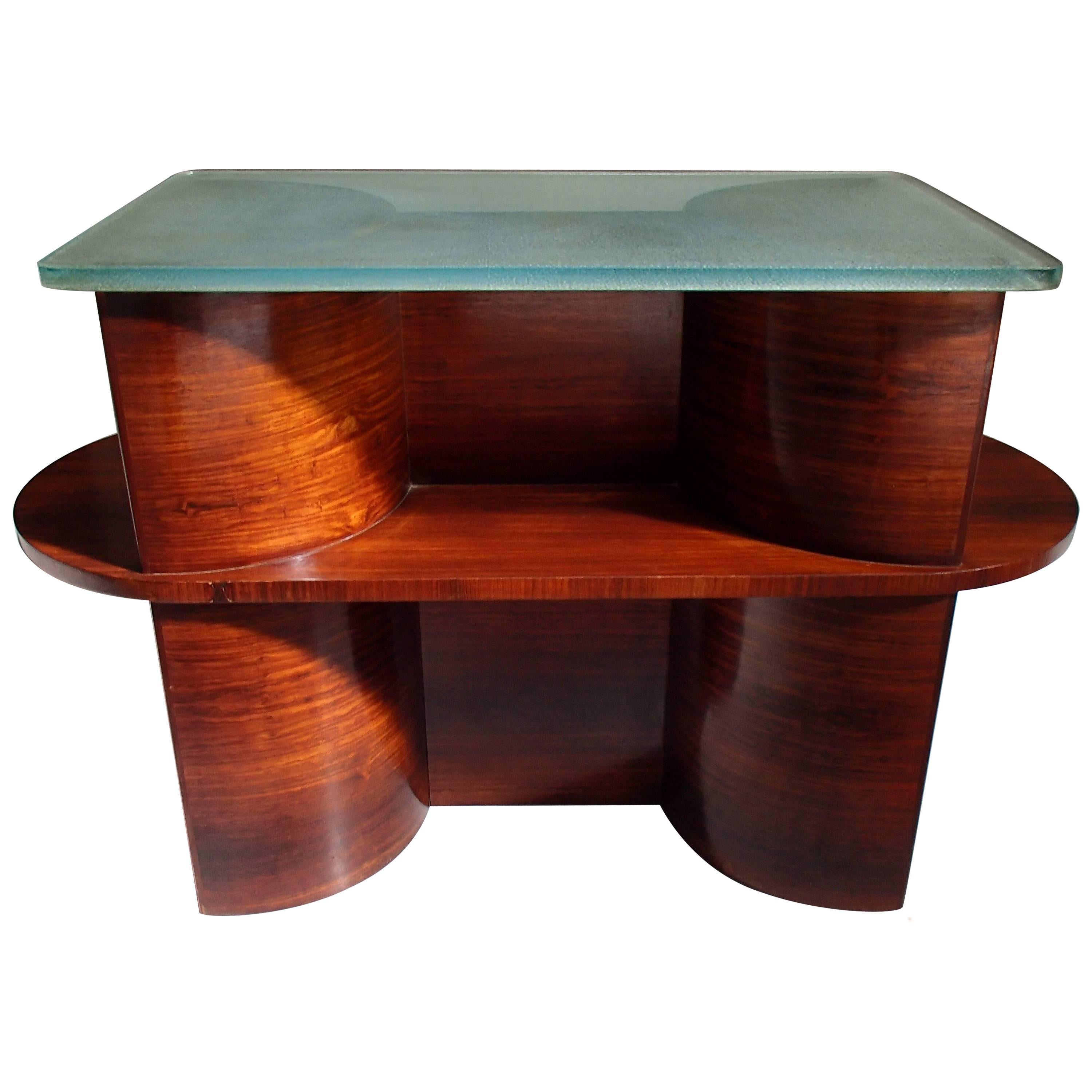Table console cubiste moderniste de 1930 en bois de rose et plateau en verre épais