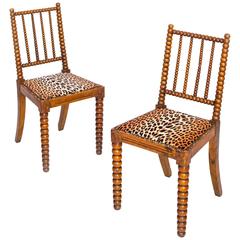 Quirky Pair of English 19th Century Bobbin Chairs in Colefax Leopard Velvet 3