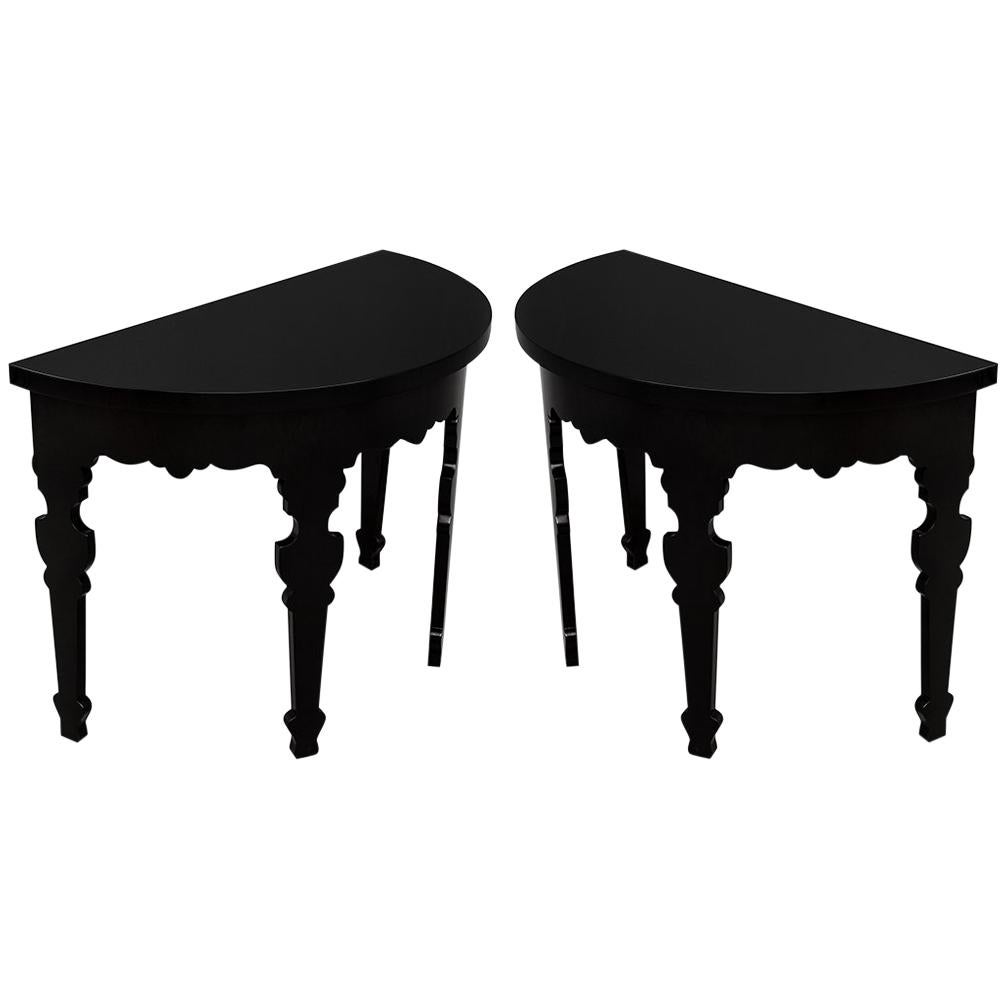 Pair of Demilune Half Moon Console Tables in Piano Black Lacquer