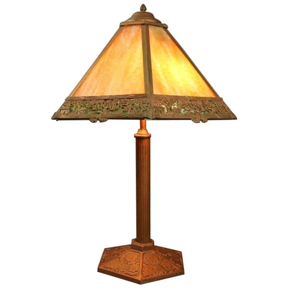 Antique Arts & Crafts Miller Co. Slag Glass Filigree Lamp, Countryside Scene