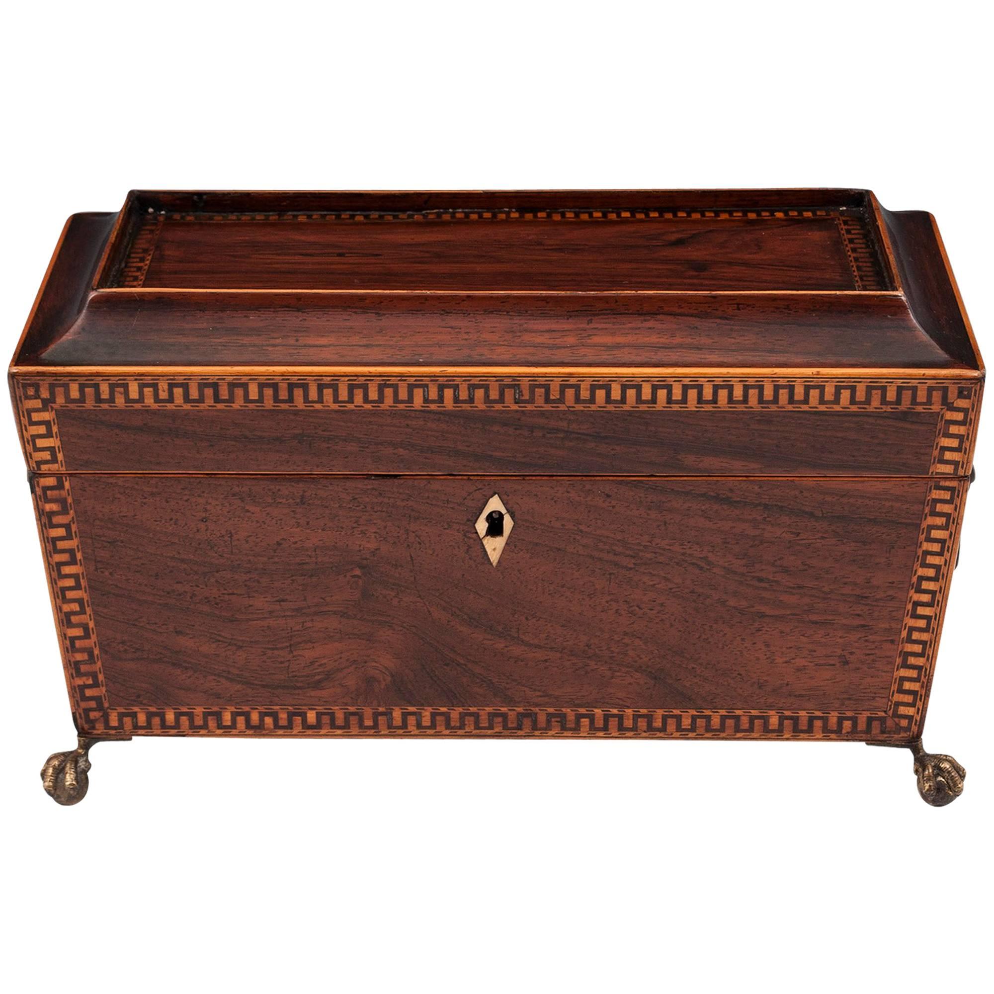 Antique Regency Flame Mahogany Tea Caddy with Greek Key Banding