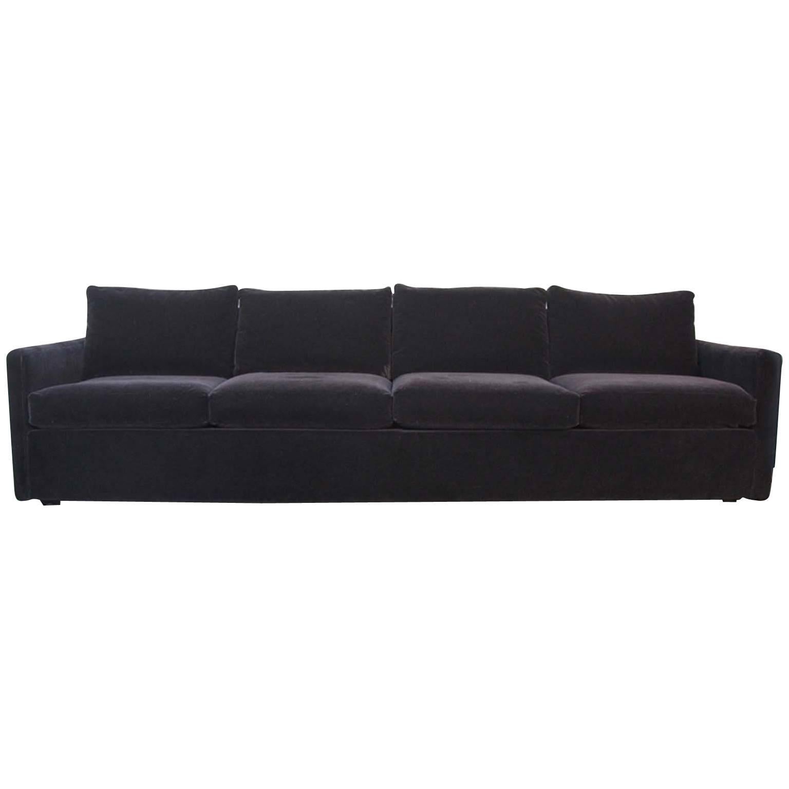 Mid-Century Modern Tuxedo Style Four-Seat Sofa in Black Mohair For Sale