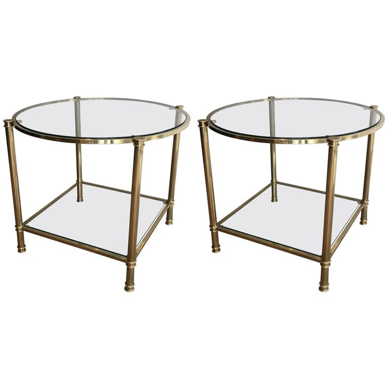 MidCentury French Brass, Wood and Smoked Glass Side Table For Sale at