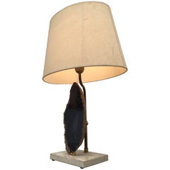 Belgian 1970s Table Lamp with Cut Agate Stone and Brass on Travertine Base