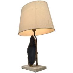 Belgian 1970s Table Lamp with Cut Agate Stone and Brass on Travertine Base 1