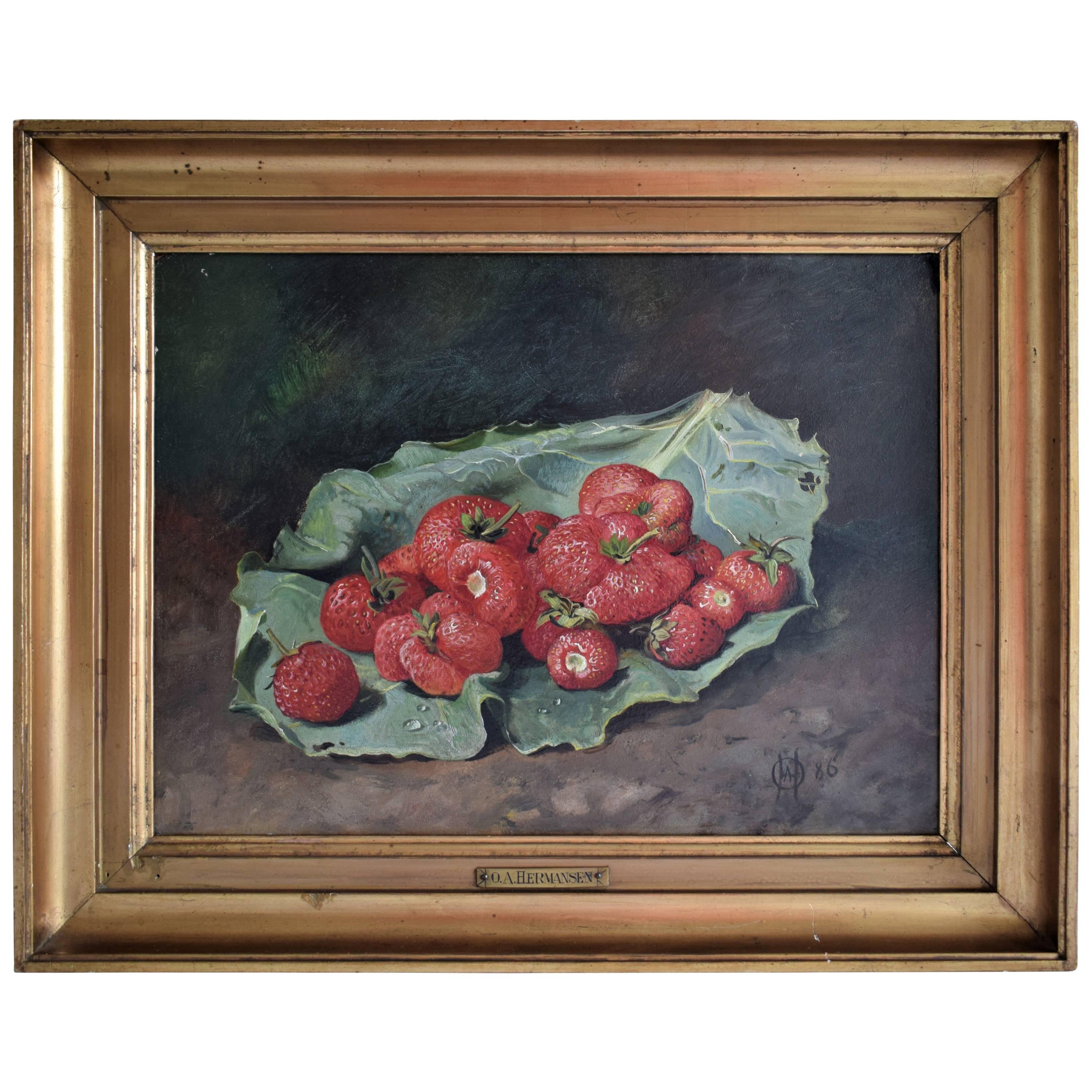 19th Century, Still Life with Strawberries by O.A. Hermansen, 1886 For Sale