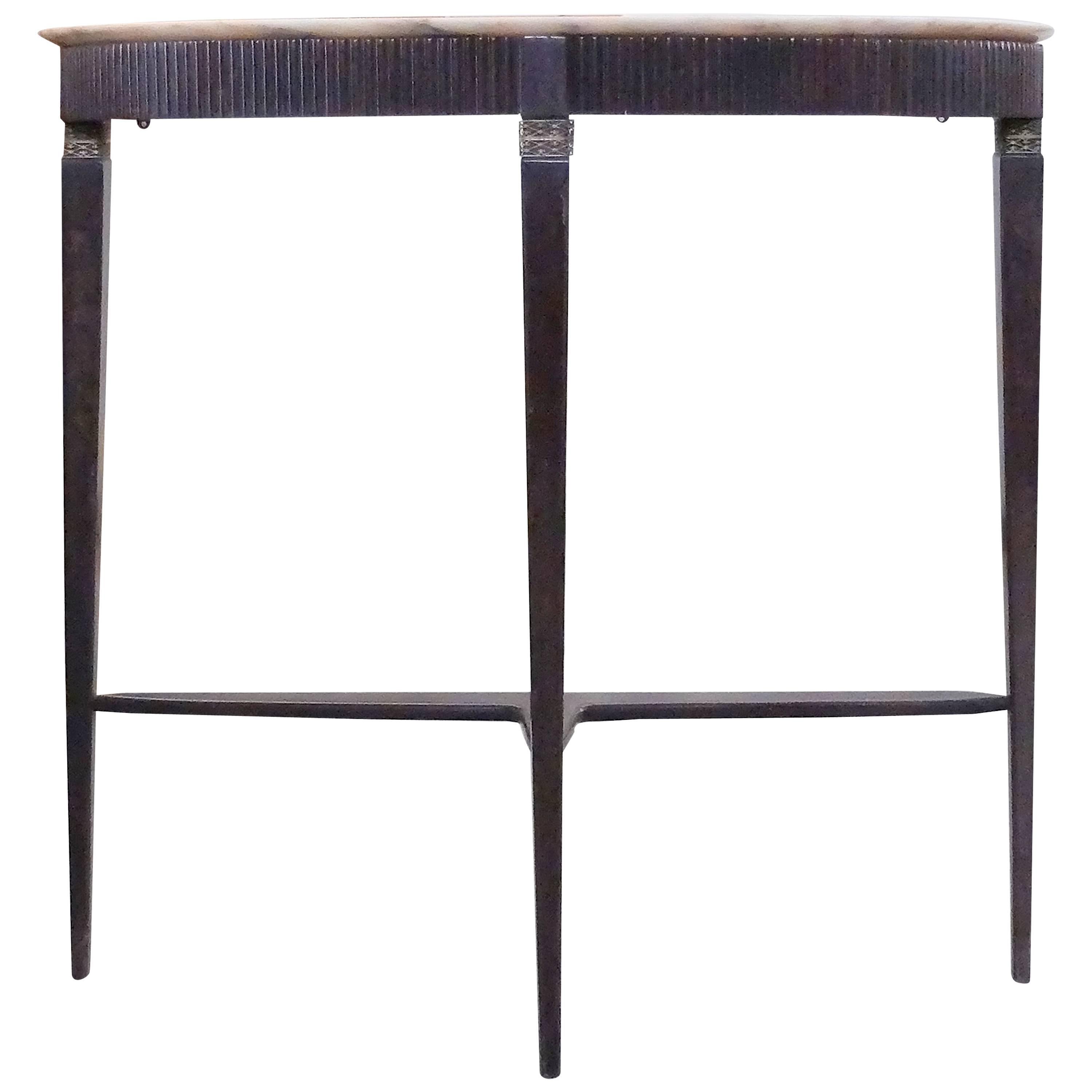 Slender Italian Demilune Console Table in Mahogany with Top in Marble