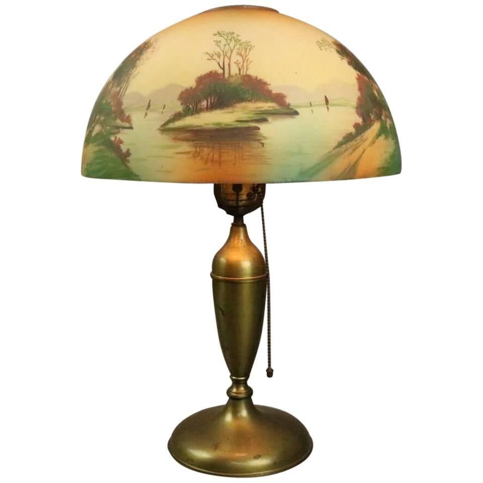 Antique Pittsburgh Brass and Obverse Painted Table Lamp, Lake Scene, circa 1920