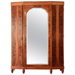 Vintage French Art Deco Burl Wood Mirrored Front Knockdown Wardrobe