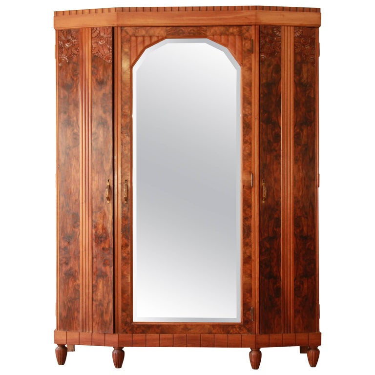 Vintage French Art Deco Burl Wood, Armoire With Mirror Front