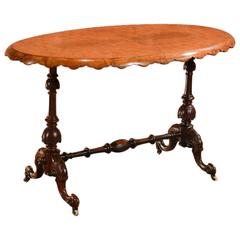 Antique Stretcher Table, Victorian Burr Walnut, circa 1860