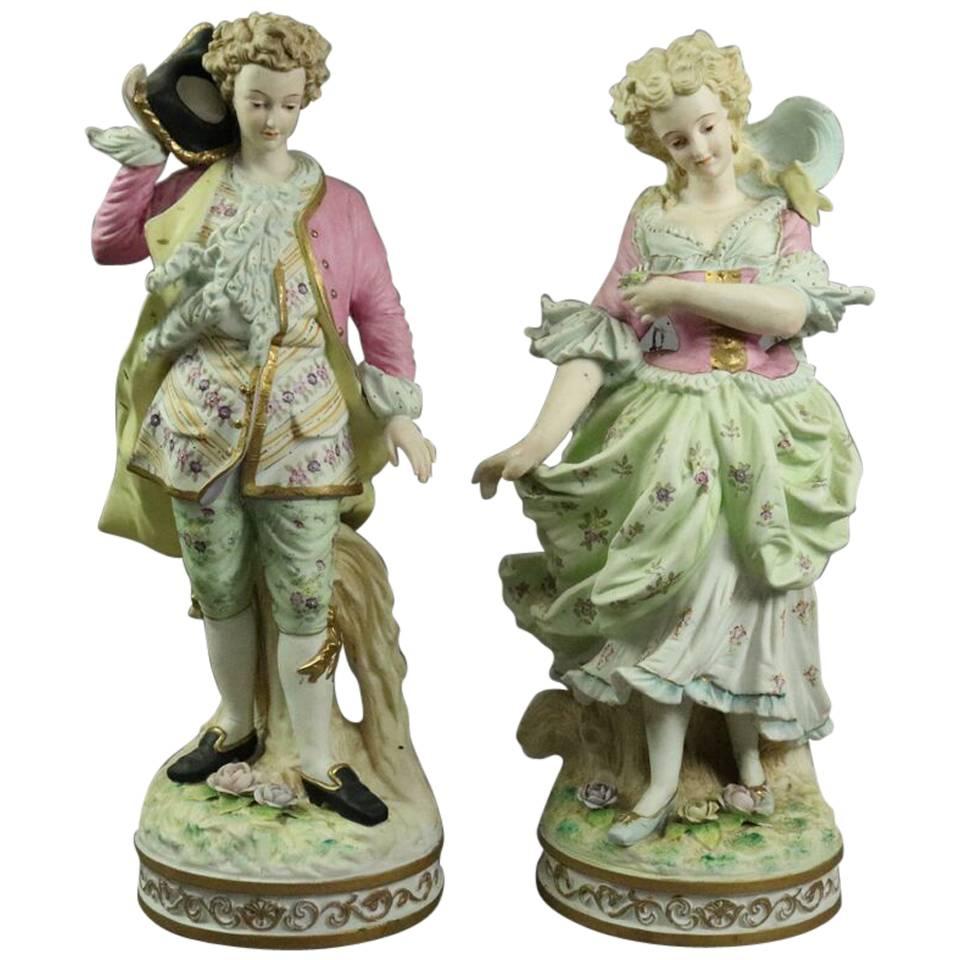 Pair of Large Antique English Bisque Porcelain Figures, circa 1920
