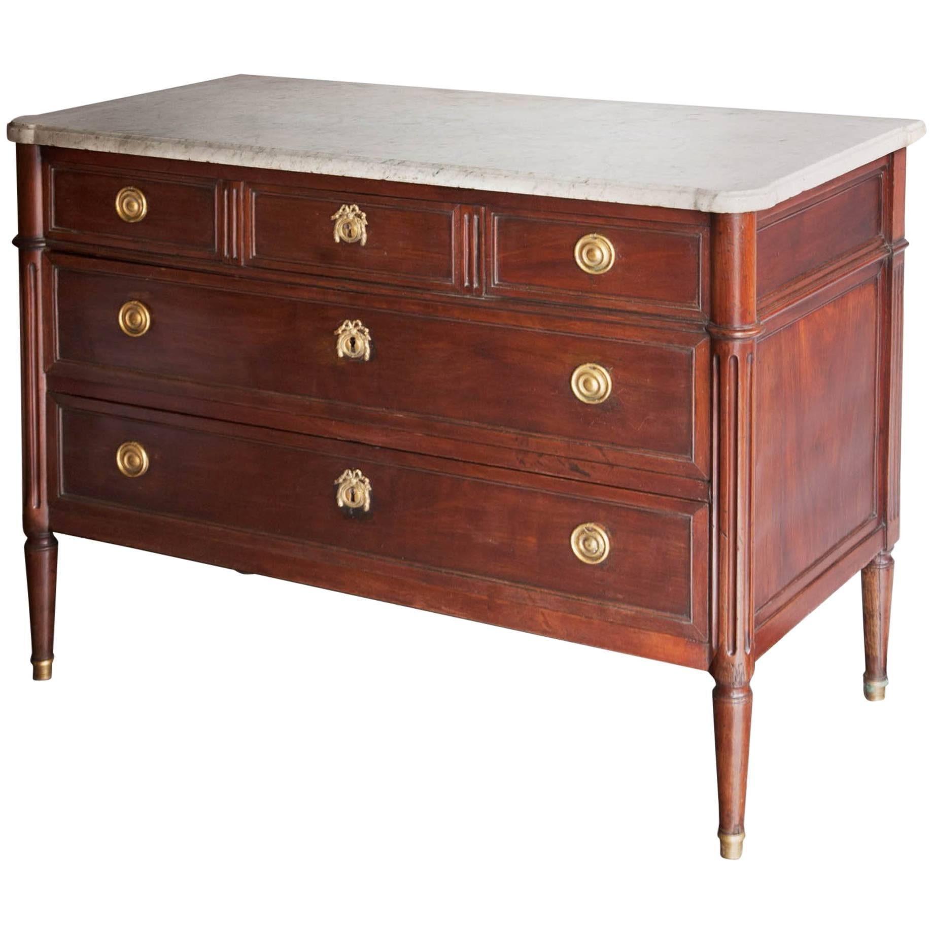 Small Louis XVI Mahogany Commode with White Carrara Marble Top