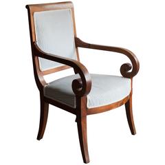 Restauration Walnut Open Armchair or Fauteuil Upholstered in Blue Ticking