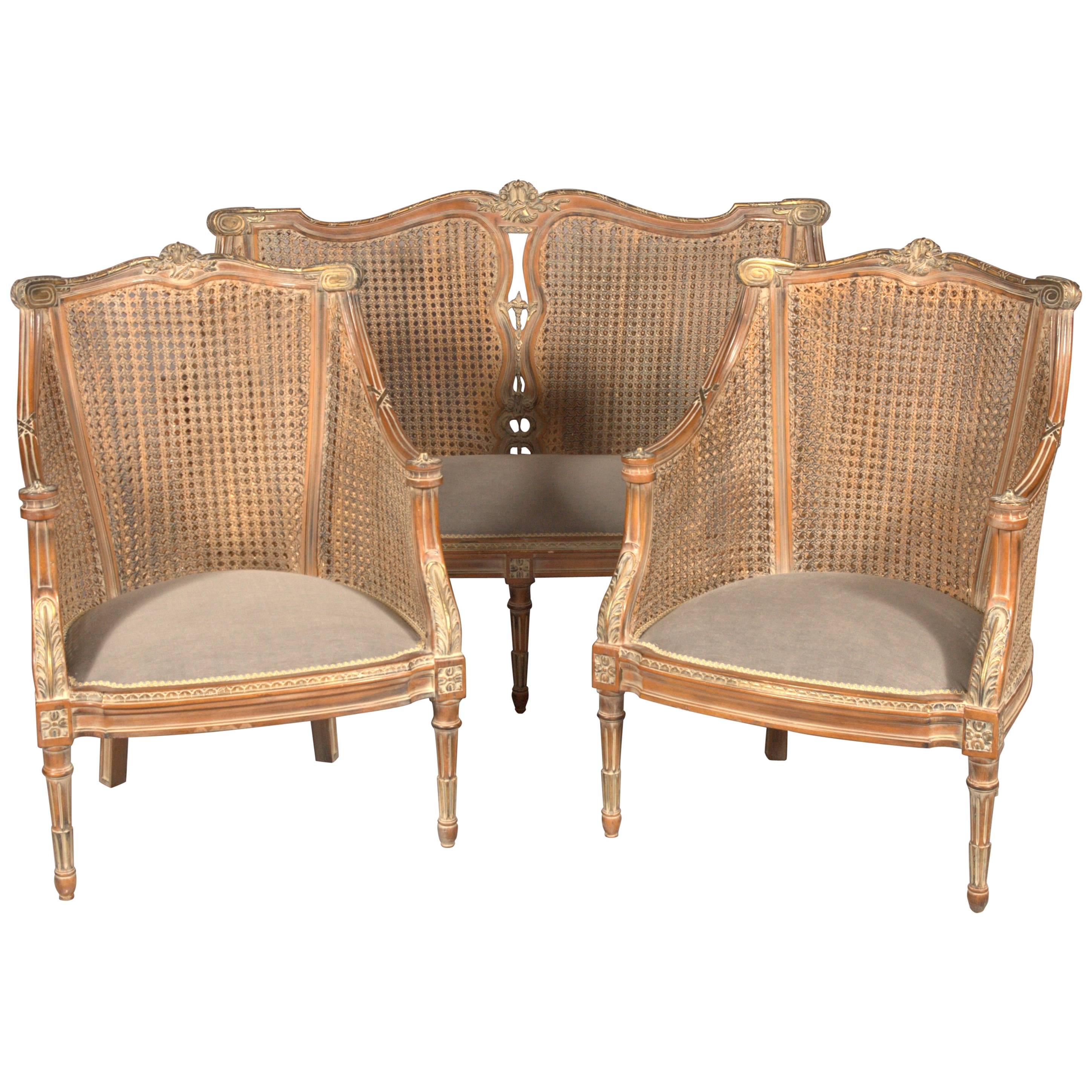20th Century Elegant Chair Set in English Style, Carved and Colored Beechwood