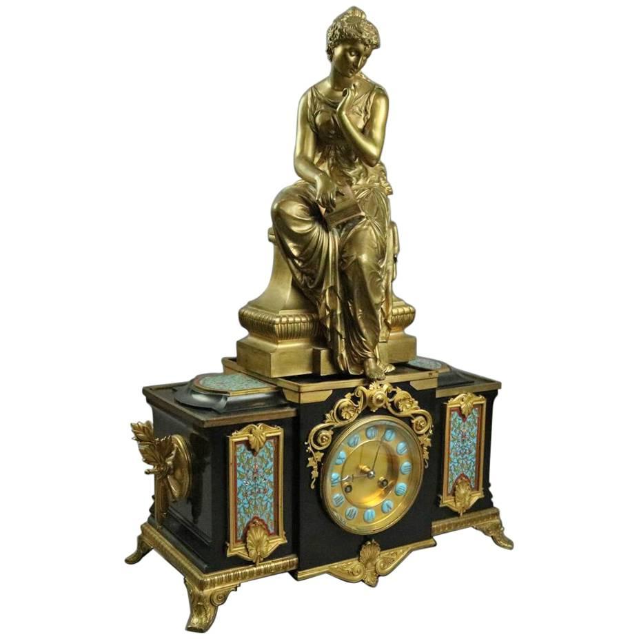 Antique French GS Medaille D'Or Champleve Mantel Clock with Bronze by Bouret