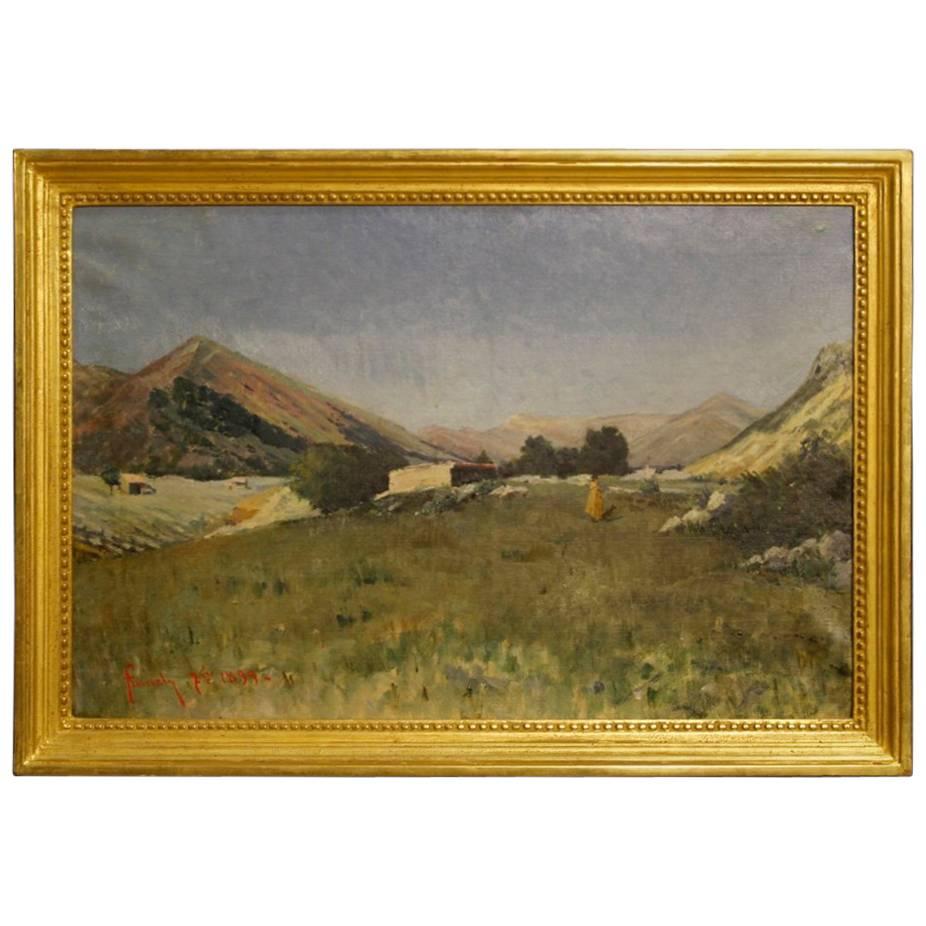 Italienisches Gemälde des 19. Jahrhunderts, Landschaft mit Jäger, signiert und datiert, 1899