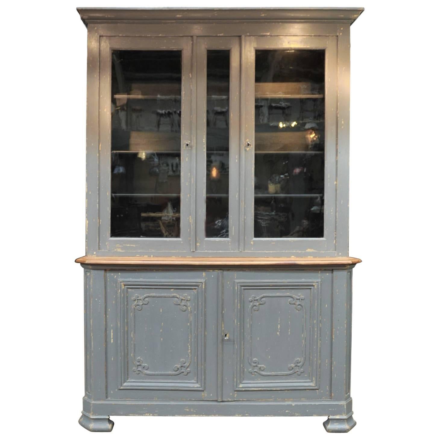 French Two Parts Bookcase Grey Painted Cabinet, Early 1900