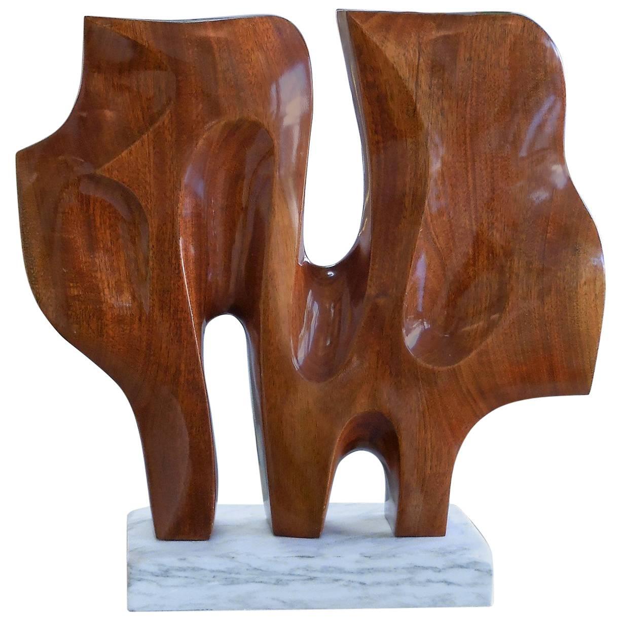 Large Mid-Century Abstract Carved Wood and Marble Sculpture