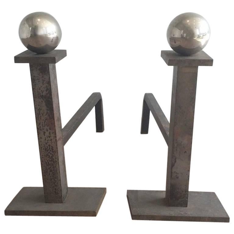 Pair of Brushed Steel and Chrome Andirons Attributed to Jacques Adnet