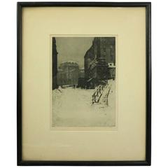 German Etching "FEBRUAR" of Winter City Street, Artist Signed, circa 1890