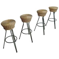 Set of Four Hairpin Barstools in Wicker and Steel by Dirk van Sliedregt 7